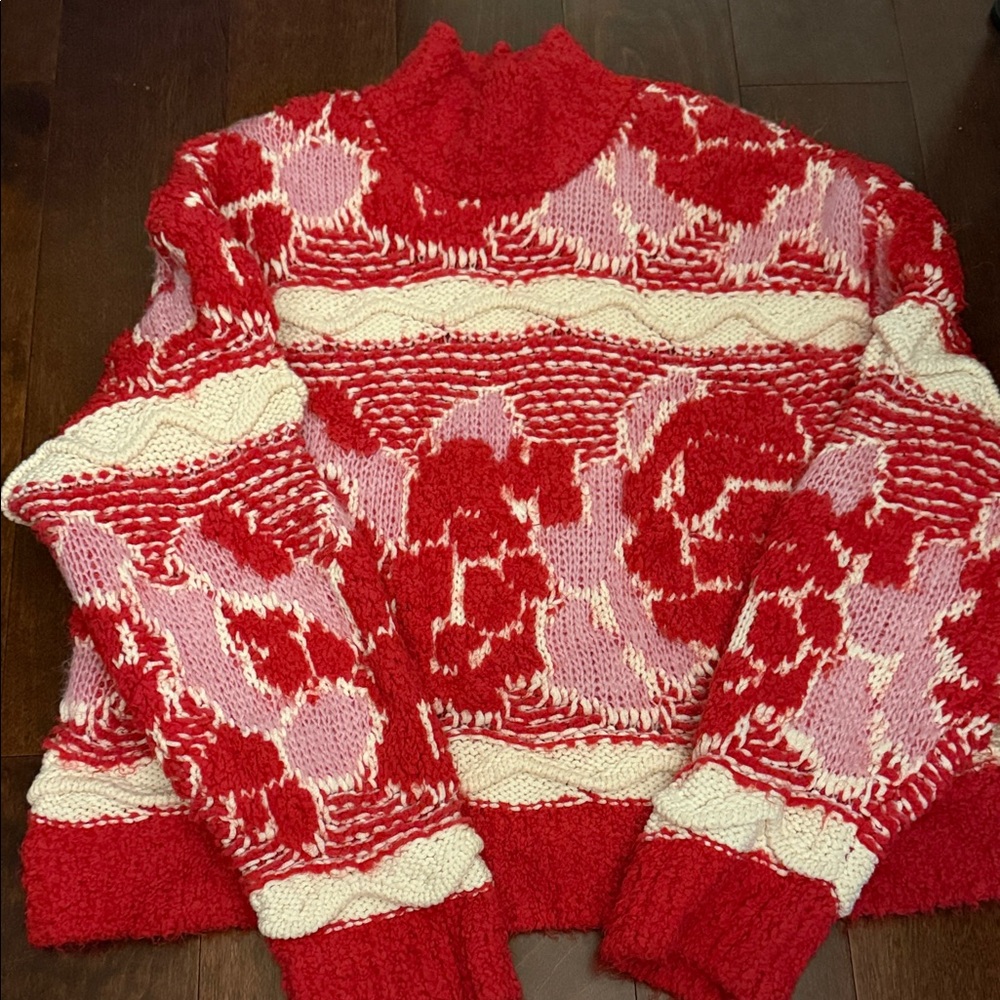 Zara Red, Pink & Cream Cowl-Neck Knit Sweater